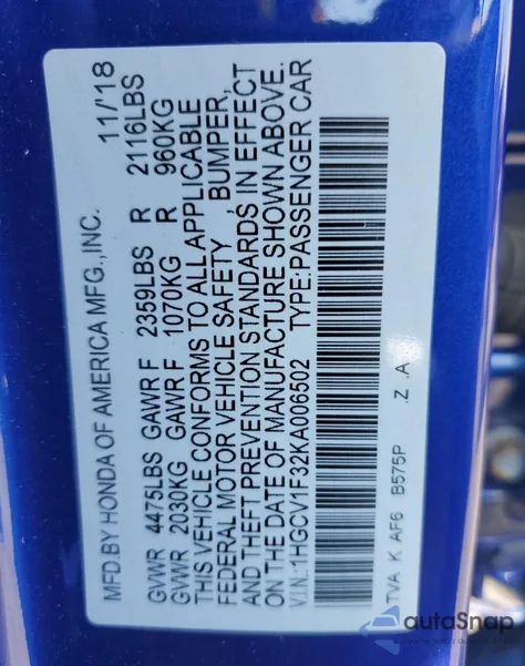 2019 Honda Accord Sport из США, поврежденный, VIN 1HGCV1F32KA006502